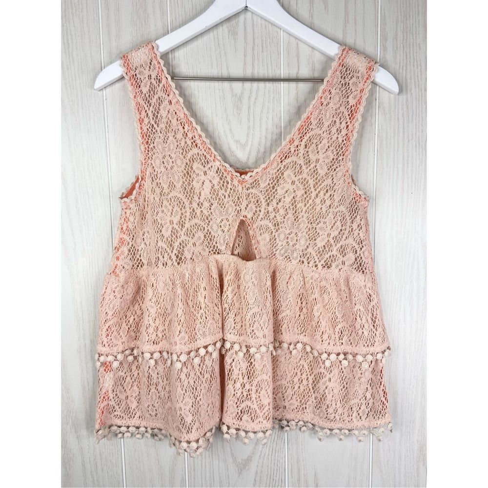 Free People Women's Pink Daydream Baby Doll Boho Crochet Lace Tank Top Small - Picture 2 of 5